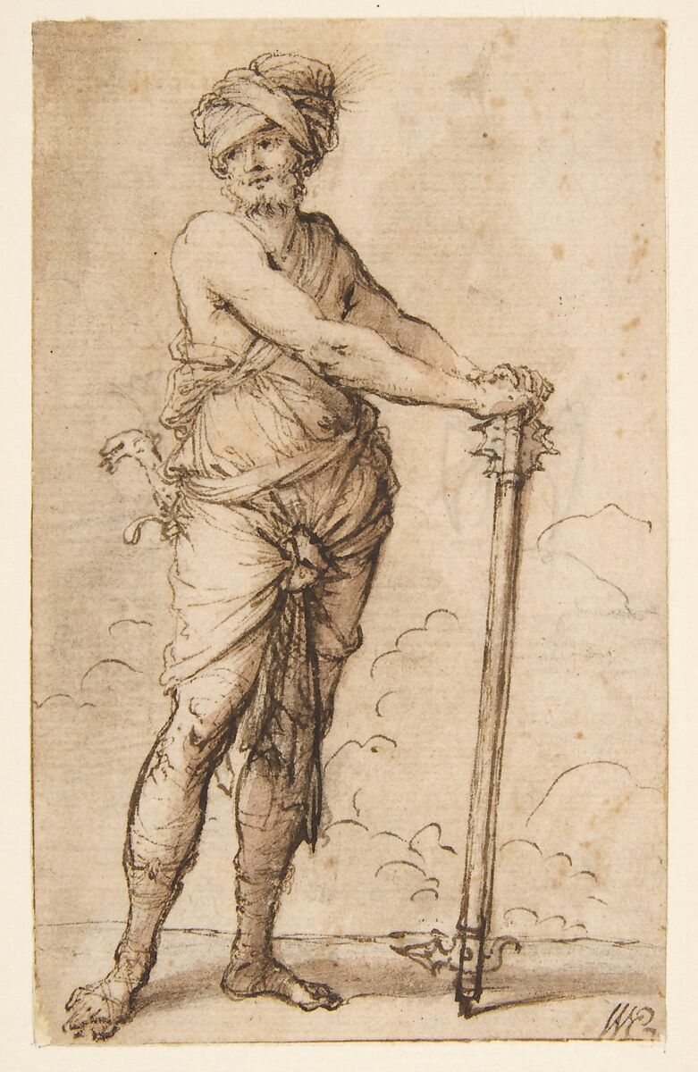 Turbaned Warrior Holding a Mace, Salvator Rosa (Italian, Arenella (Naples) 1615–1673 Rome), Pen and brown ink, brown wash, over a little black chalk 