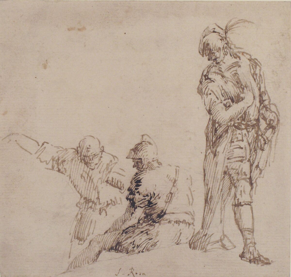 Figure studies: seated and standing men, Traditionally attributed Salvator Rosa (Italian, Arenella (Naples) 1615–1673 Rome), Pen and brown ink, over traces of black chalk