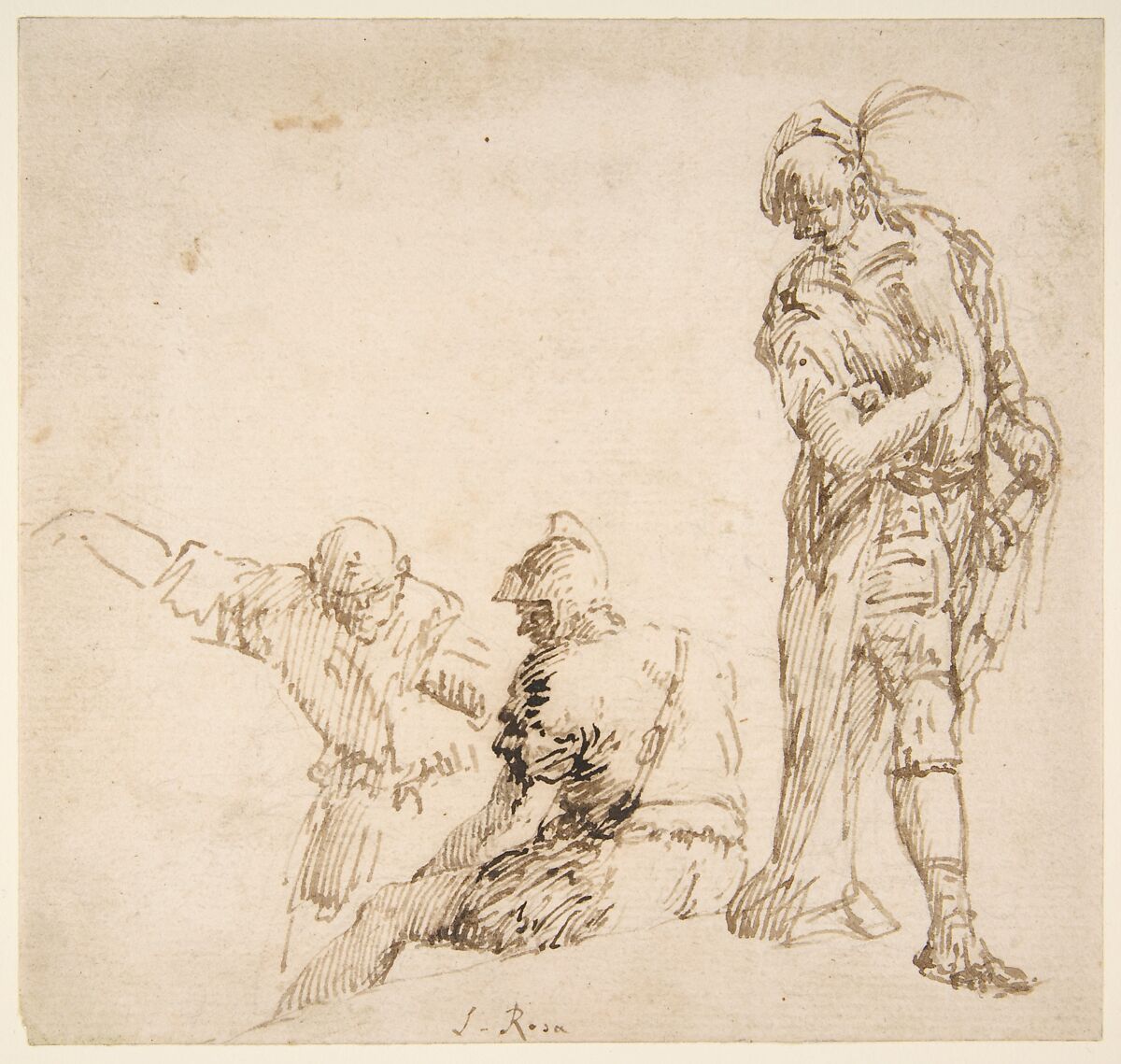 Figure studies: seated and standing men, Traditionally attributed Salvator Rosa (Italian, Arenella (Naples) 1615–1673 Rome), Pen and brown ink, over traces of black chalk 