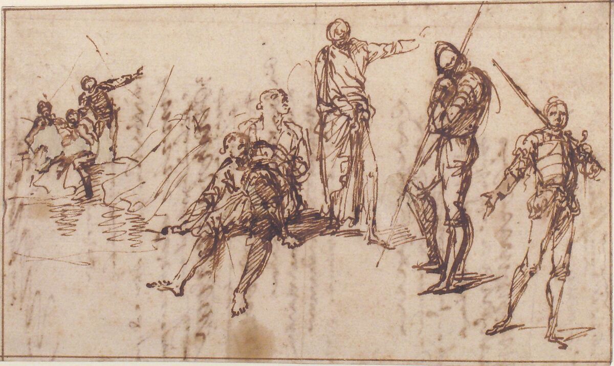 Two Standing Soldiers and Six other Figures, Salvator Rosa (Italian, Arenella (Naples) 1615–1673 Rome), Pen and brown ink