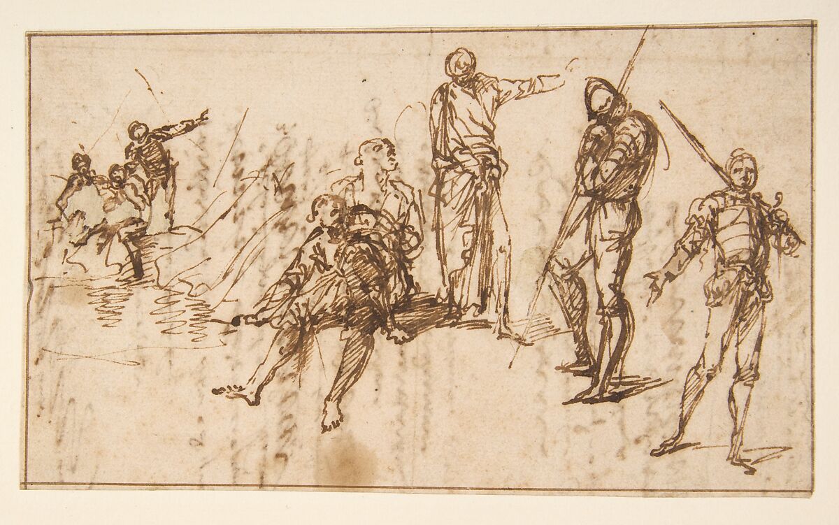 Two Standing Soldiers and Six other Figures, Salvator Rosa (Italian, Arenella (Naples) 1615–1673 Rome), Pen and brown ink 