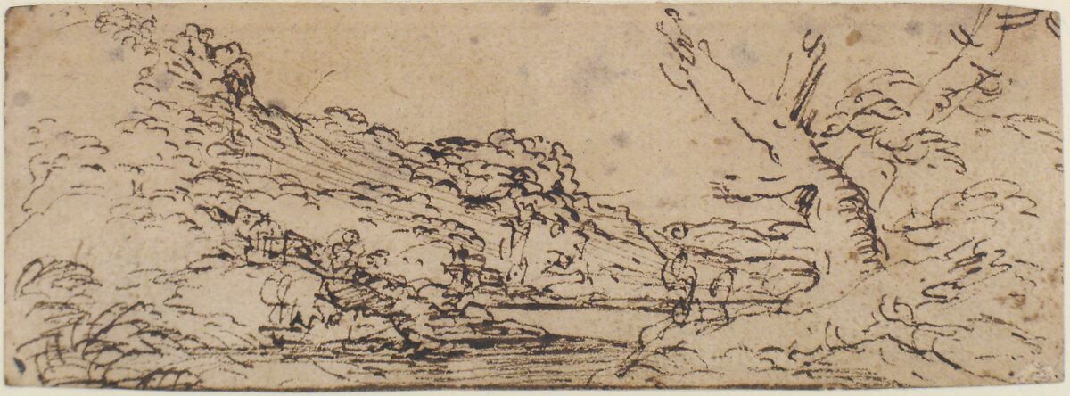 Landscape with hills and a lake, trees in right foreground., Salvator Rosa (Italian, Arenella (Naples) 1615–1673 Rome), Pen and brown ink, on beige paper