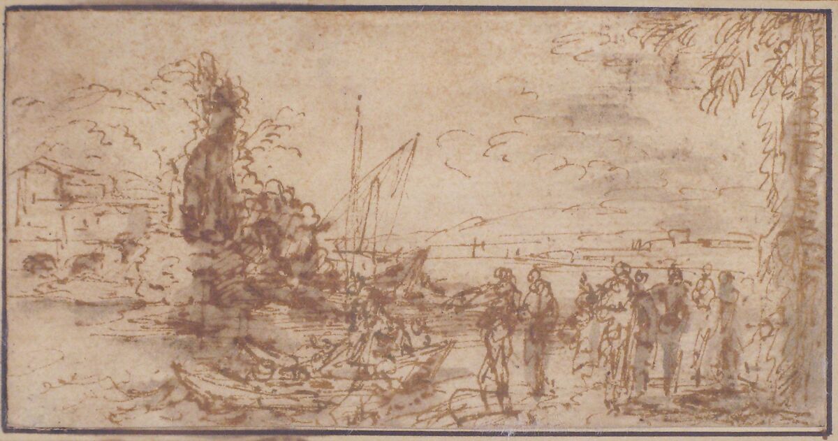 Marine landscape with figures, Salvator Rosa (Italian, Arenella (Naples) 1615–1673 Rome), Pen and brown ink, brown and gray wash