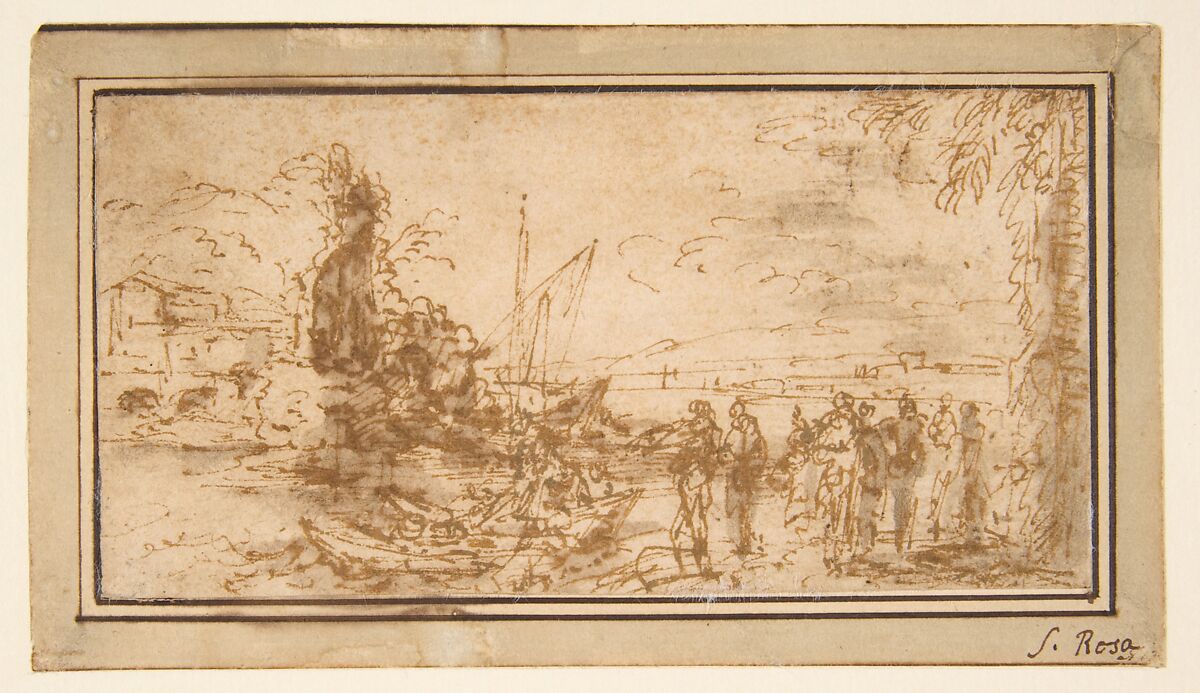 Marine landscape with figures, Salvator Rosa (Italian, Arenella (Naples) 1615–1673 Rome), Pen and brown ink, brown and gray wash 