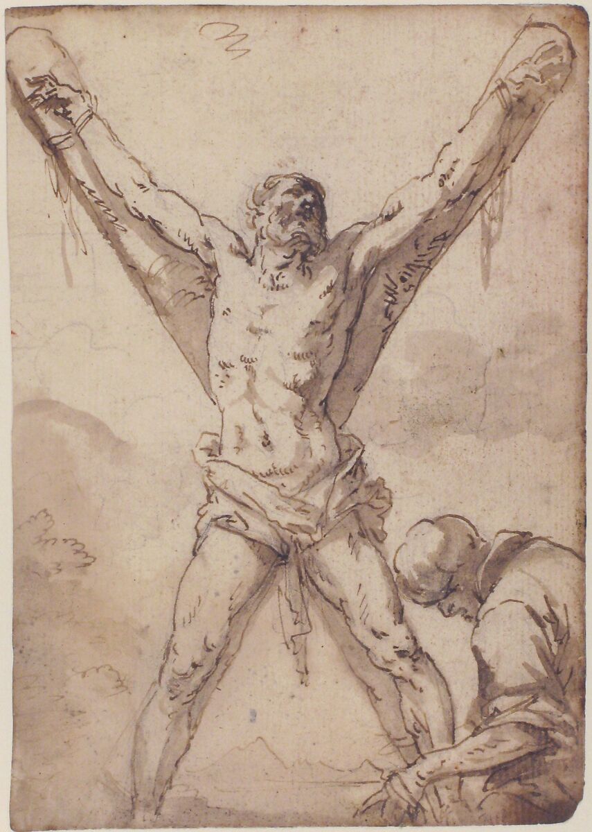 Martyrdom of St. Andrew, Salvator Rosa (Italian, Arenella (Naples) 1615–1673 Rome), Pen and brown ink, brown wash, over traces of black chalk