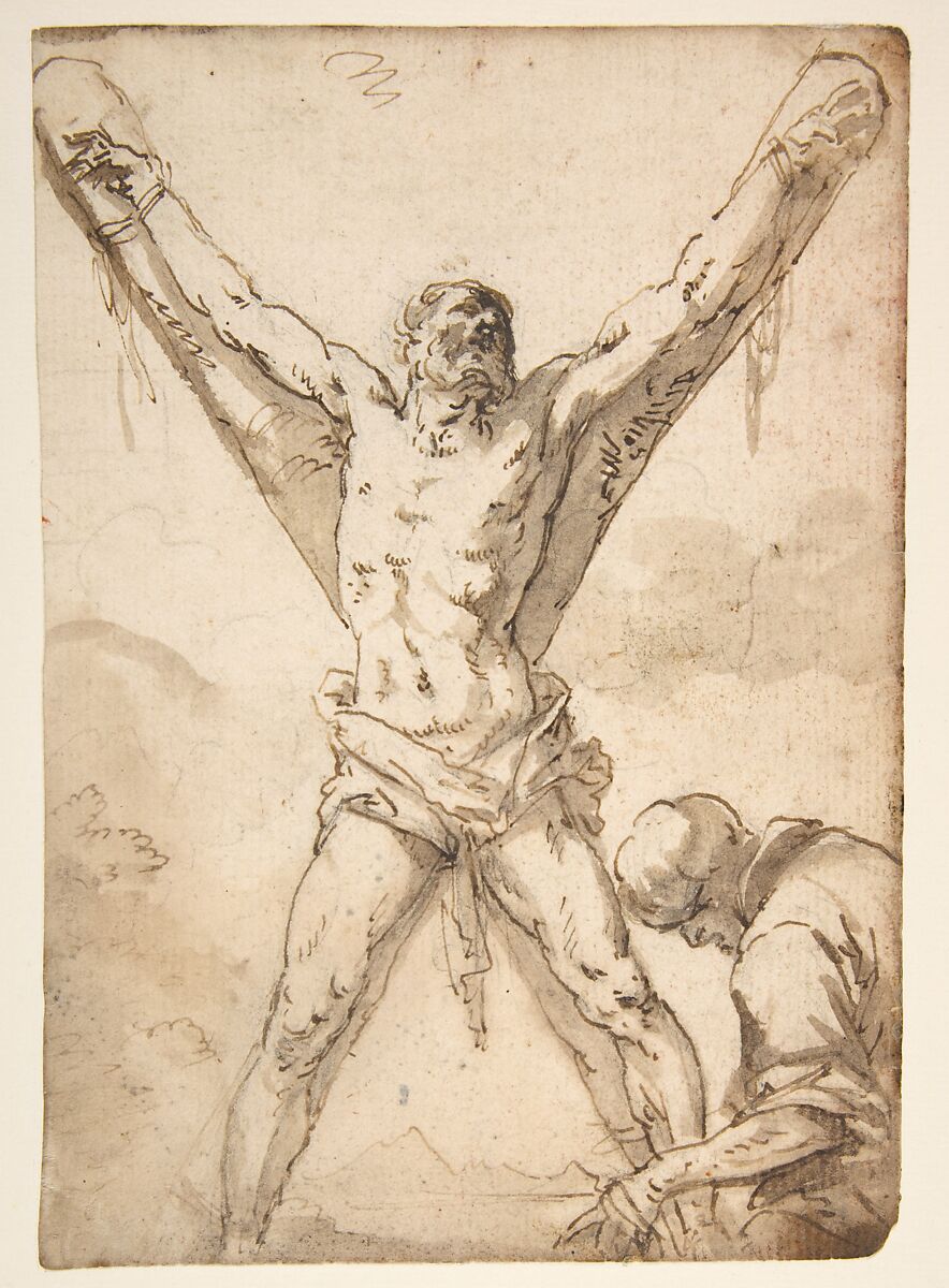 Martyrdom of St. Andrew, Salvator Rosa (Italian, Arenella (Naples) 1615–1673 Rome), Pen and brown ink, brown wash, over traces of black chalk 