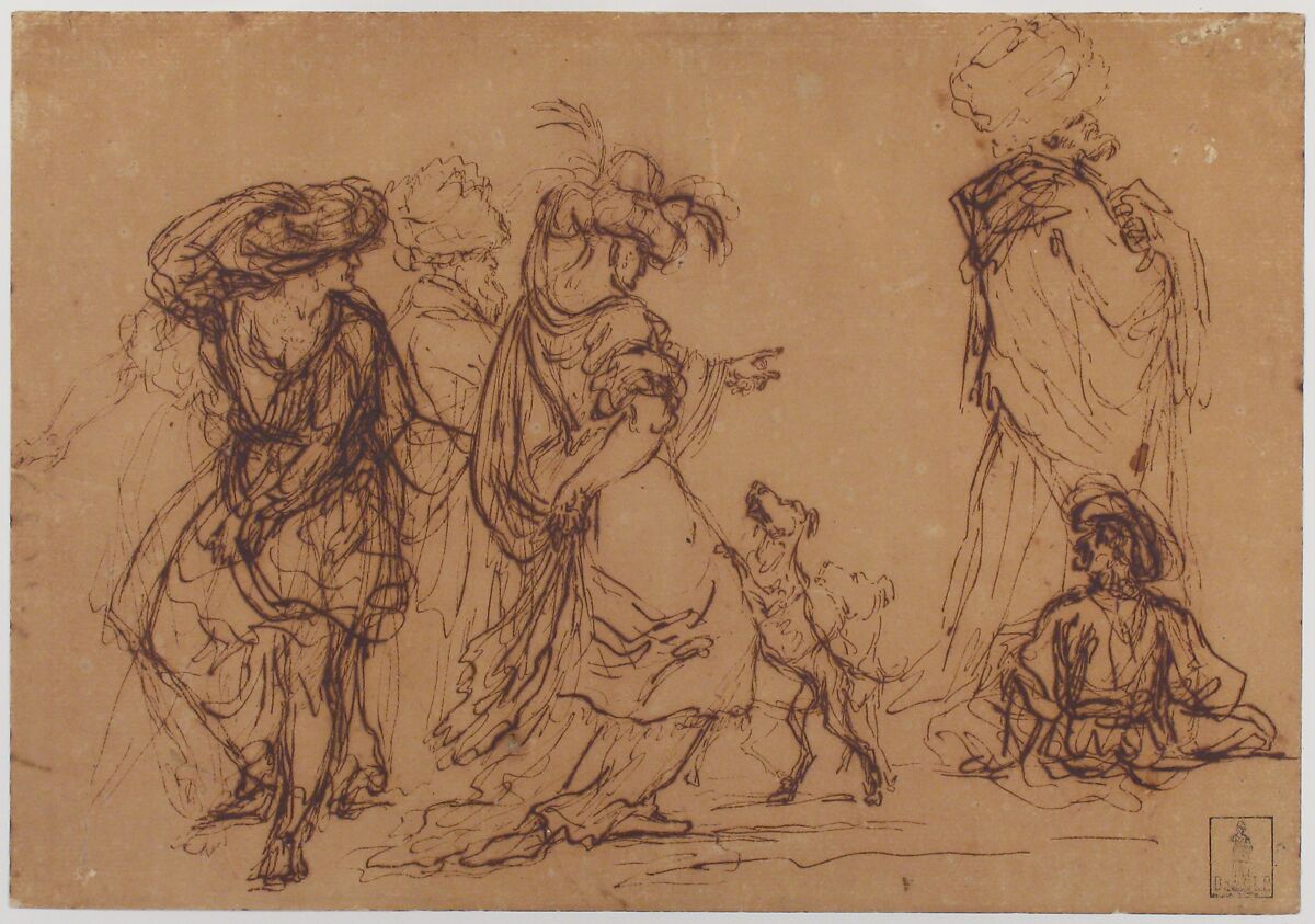Five Figures in Fantastic Costumes with Two Dogs, Salvator Rosa (Italian, Arenella (Naples) 1615–1673 Rome), Black ink on dark tan paper