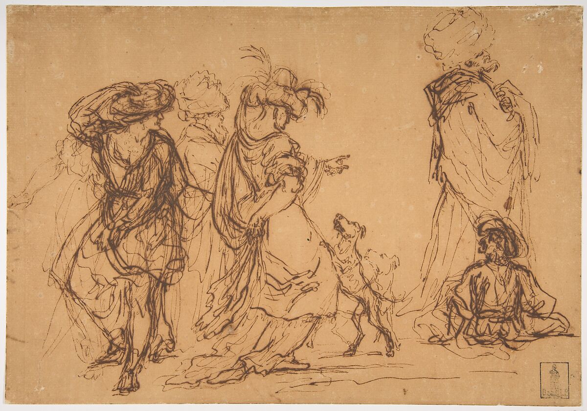 Five Figures in Fantastic Costumes with Two Dogs, Salvator Rosa (Italian, Arenella (Naples) 1615–1673 Rome), Black ink on dark tan paper 
