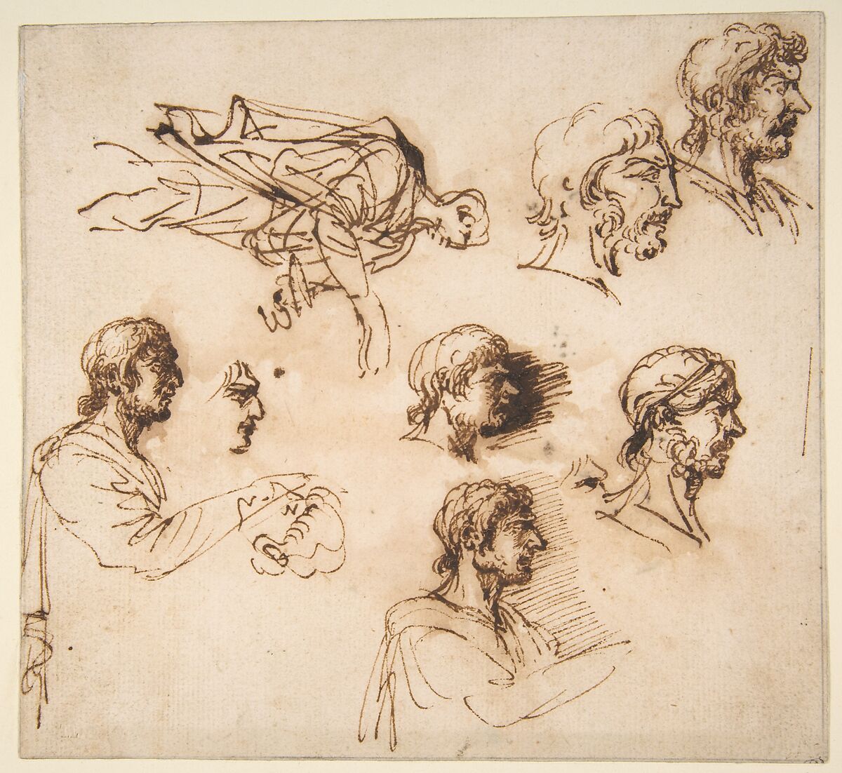 Studies of a Man's Head in Profile, and of a Standing Male Figure, Salvator Rosa (Italian, Arenella (Naples) 1615–1673 Rome), Pen and brown ink, pale brown wash 