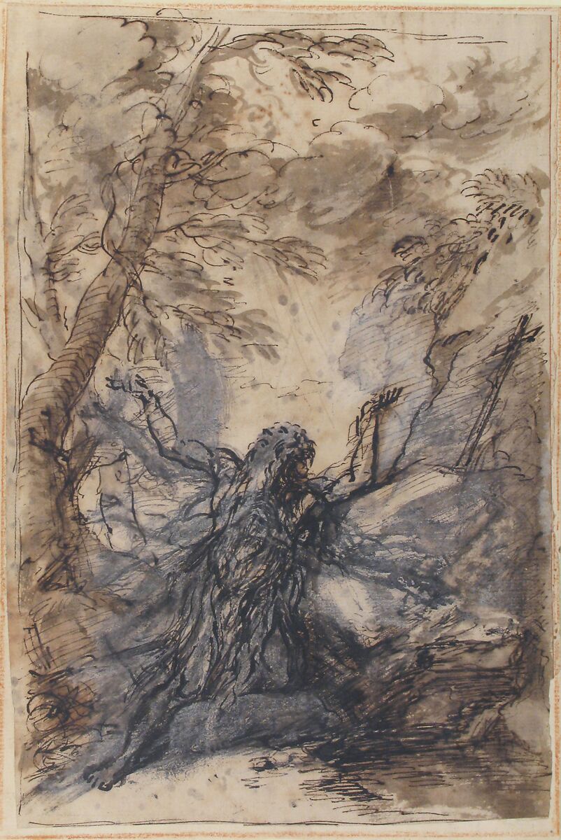 St. Paul, Hermit, Salvator Rosa (Italian, Arenella (Naples) 1615–1673 Rome), Pen and brown and black ink, brown wash, over black chalk, corrected and highlighted with gray gouache