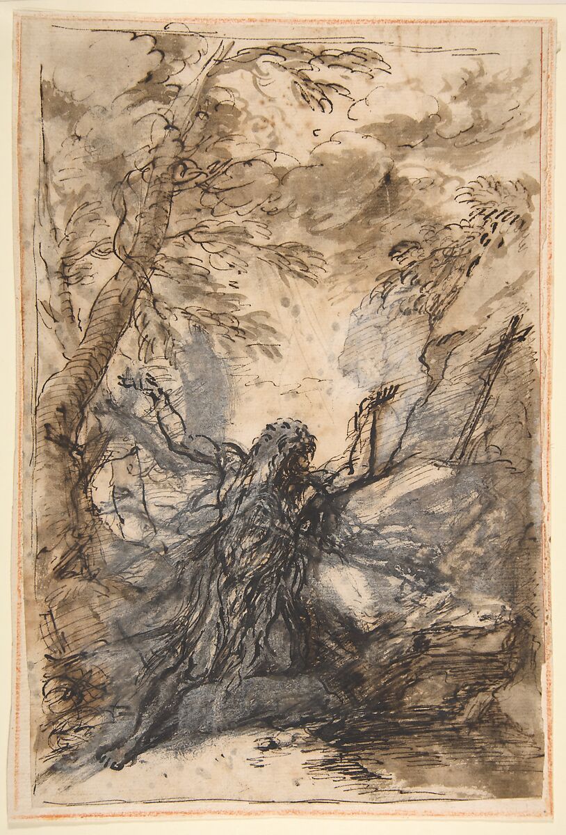 St. Paul, Hermit, Salvator Rosa (Italian, Arenella (Naples) 1615–1673 Rome), Pen and brown and black ink, brown wash, over black chalk, corrected and highlighted with gray gouache 