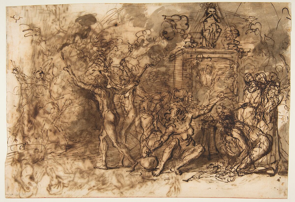 Witches' Sabbath (recto); Figures Gathered around a tree (verso), Salvator Rosa (Italian, Arenella (Naples) 1615–1673 Rome), Pen and brown ink, brush and brown wash (recto and verso); framing lines in black chalk 