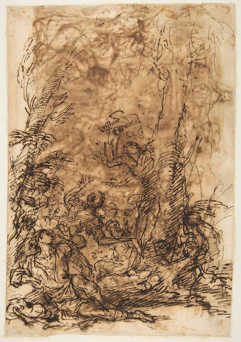 Witches' Sabbath (recto); Figures Gathered around a tree (verso), Salvator Rosa (Italian, Arenella (Naples) 1615–1673 Rome), Pen and brown ink, brush and brown wash (recto and verso); framing lines in black chalk