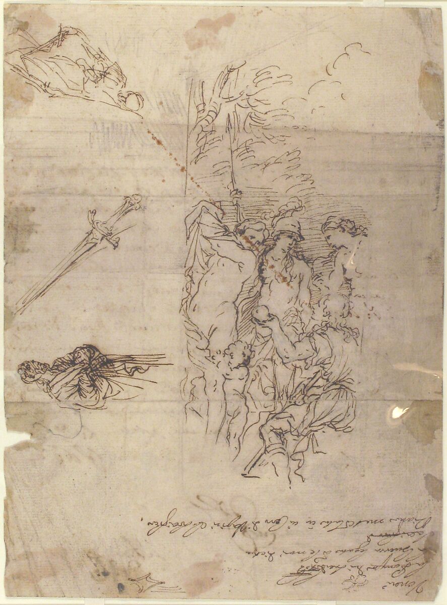 Study for a Judgment of Paris and Other Figure Studies, Salvator Rosa (Italian, Arenella (Naples) 1615–1673 Rome), Pen and brown ink, over black chalk