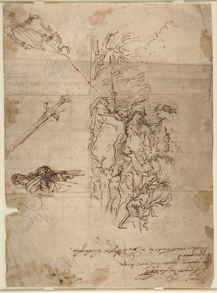 Study for a Judgment of Paris and Other Figure Studies, Salvator Rosa (Italian, Arenella (Naples) 1615–1673 Rome), Pen and brown ink, over black chalk 
