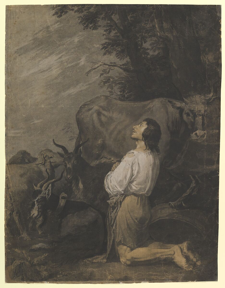 The Prodigal Son, imitator of Salvator Rosa (Italian, Arenella (Naples) 1615–1673 Rome), Gray, black and brown wash, black and white chalk 
