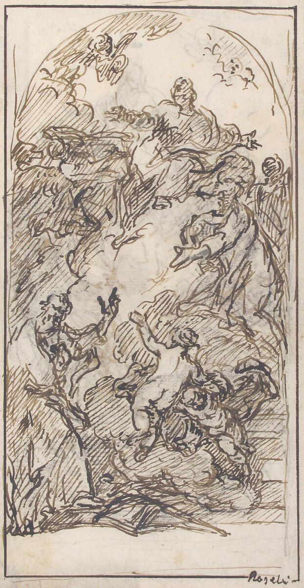 The Apotheosis of Saint Mark (recto and verso), Pietro Roselli (Italian, Venice (?) 1700–1771 Venice (?)), Pen and brown ink, over black chalk (recto); pen and brown ink (verso); framing lines in pen and brown ink