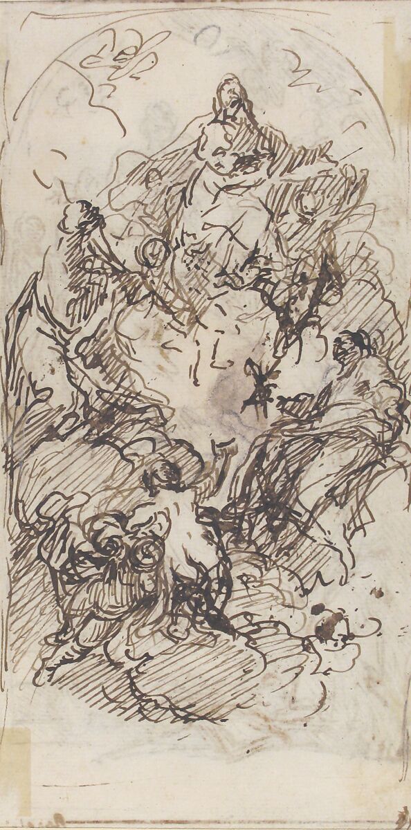The Apotheosis of Saint Mark (recto and verso), Pietro Roselli (Italian, Venice (?) 1700–1771 Venice (?)), Pen and brown ink, over black chalk (recto); pen and brown ink (verso); framing lines in pen and brown ink