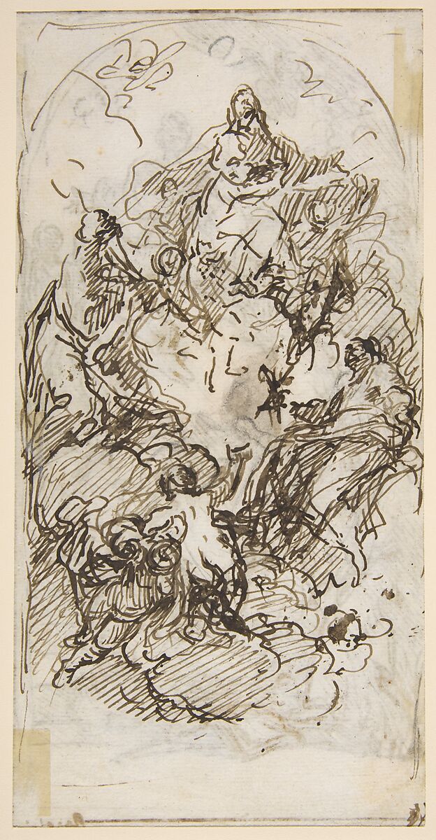 The Apotheosis of Saint Mark (recto and verso), Pietro Roselli (Italian, Venice (?) 1700–1771 Venice (?)), Pen and brown ink, over black chalk (recto); pen and brown ink (verso); framing lines in pen and brown ink