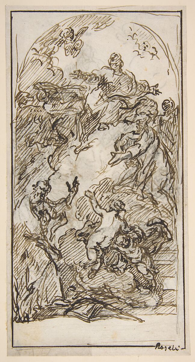 The Apotheosis of Saint Mark (recto and verso), Pietro Roselli (Italian, Venice (?) 1700–1771 Venice (?)), Pen and brown ink, over traces of black chalk (recto); pen and brown ink (verso) 