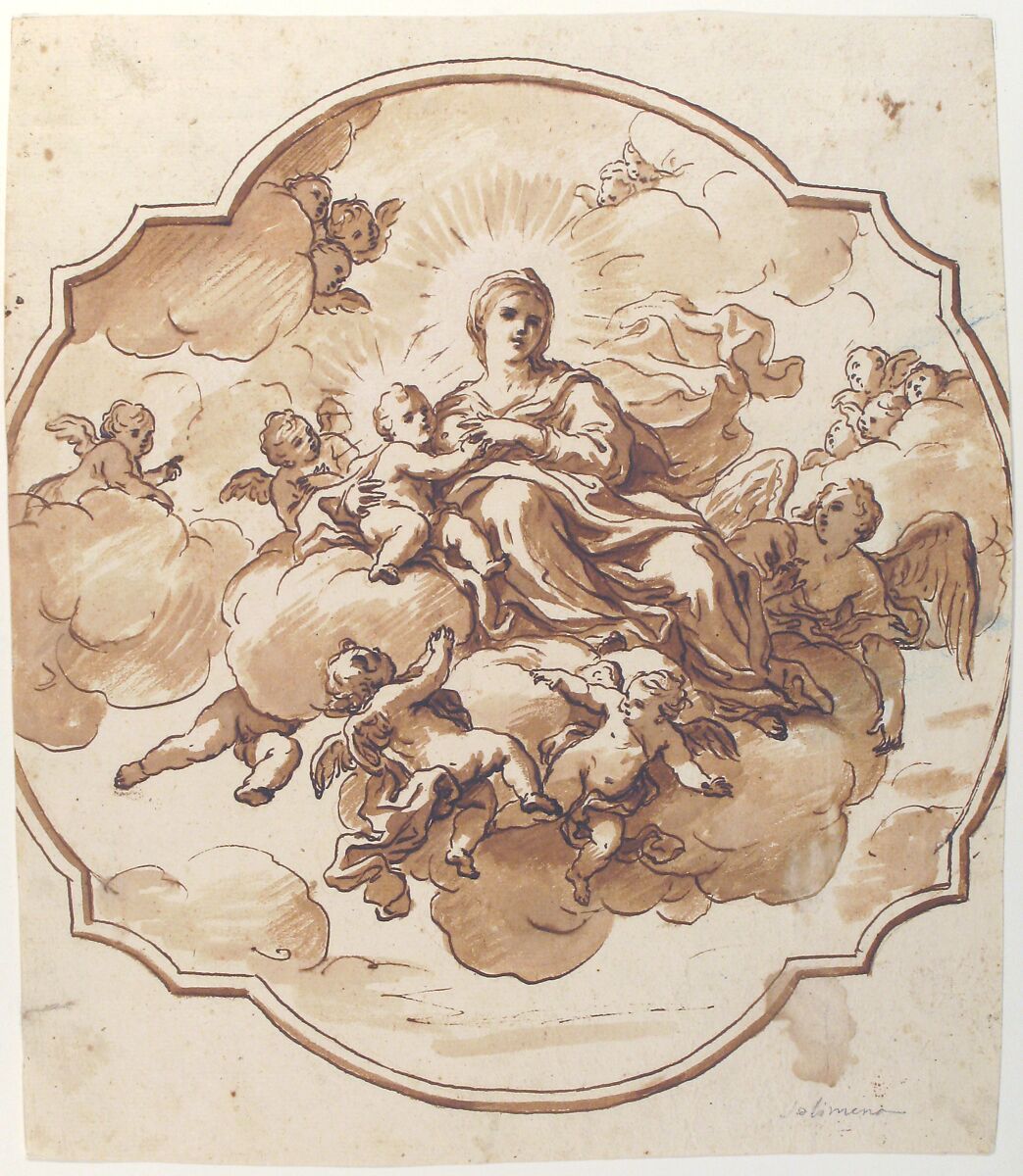 The Virgin Nursing the Christ Child, in a Glory of Angels (recto); Studies for seated figures of Christ and God the Father in red chalk (verso), Nicola Maria Rossi (Italian, Naples (?) 1690–1758 Naples), Pen and brown ink, brush and brown wash, over red chalk. Verso: faint red chalk studies for seated figures of Christ and God the Father seen in steep perspective