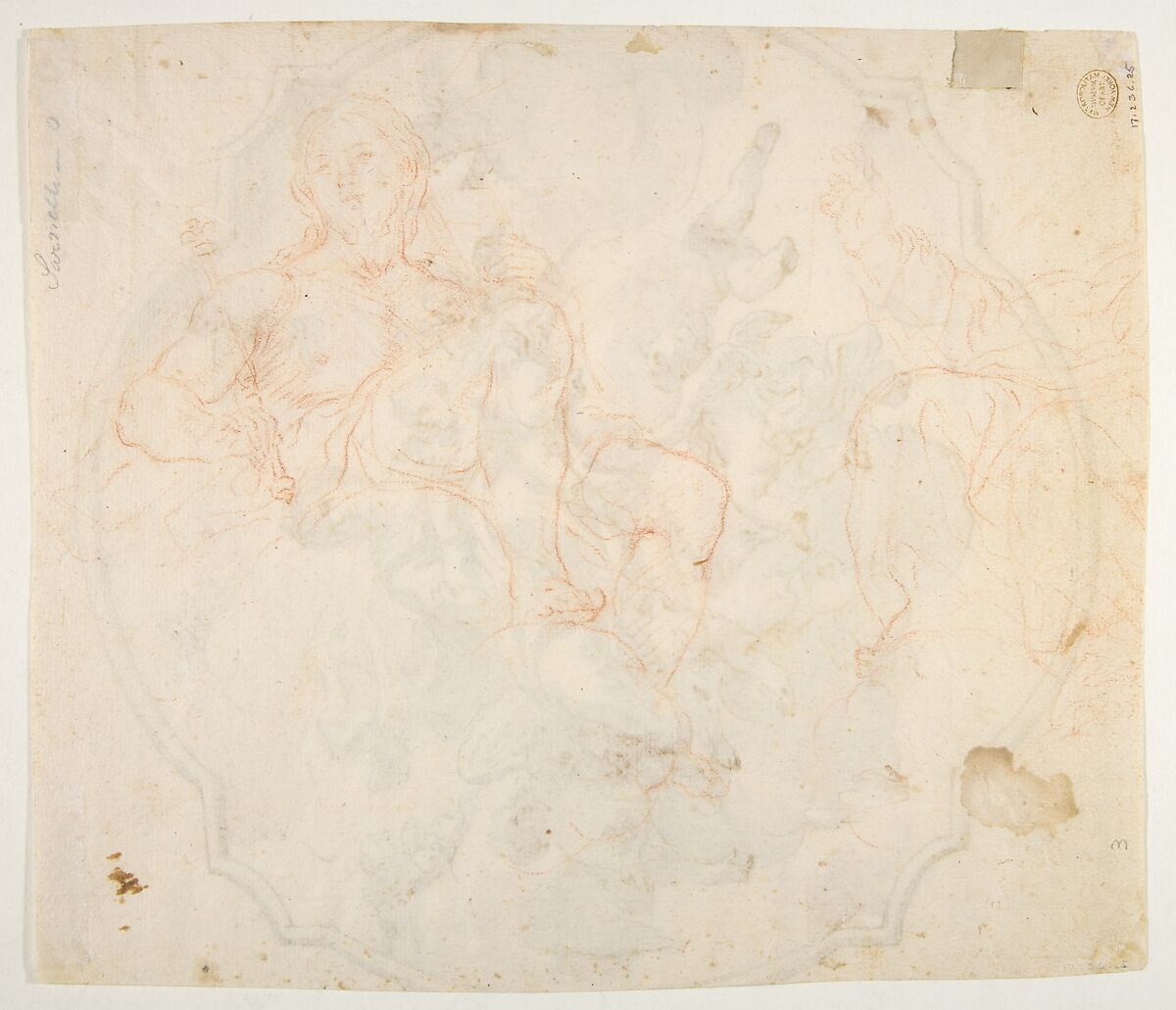 The Virgin Nursing the Christ Child, in a Glory of Angels (recto); Studies for seated figures of Christ and God the Father in red chalk (verso), Nicola Maria Rossi (Italian, Naples (?) 1690–1758 Naples), Pen and brown ink, brush and brown wash, over red chalk. Verso: faint red chalk studies for seated figures of Christ and God the Father seen in steep perspective 