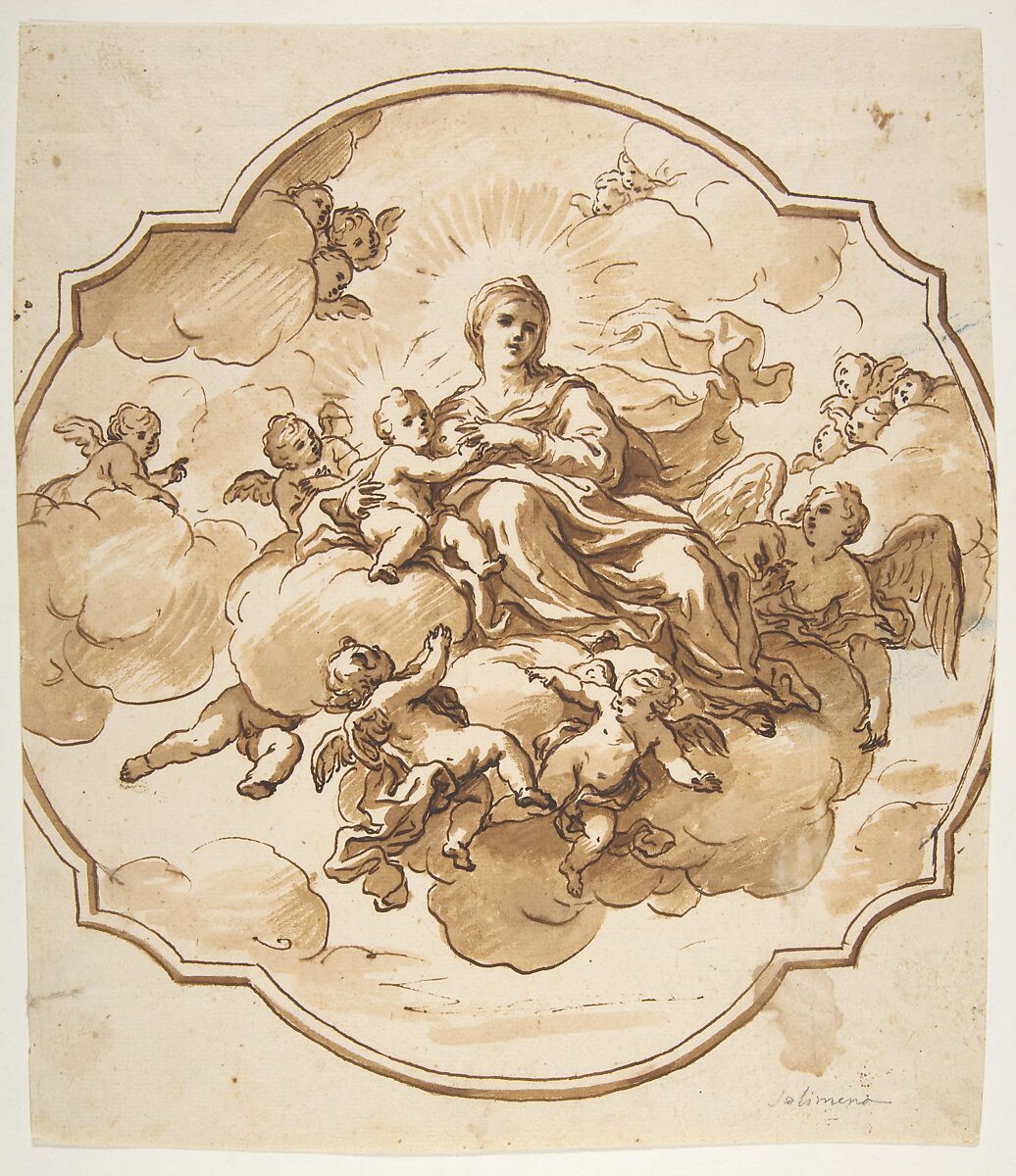 The Virgin Nursing the Christ Child, in a Glory of Angels (recto); Studies for seated figures of Christ and God the Father in red chalk (verso), Nicola Maria Rossi (Italian, Naples (?) 1690–1758 Naples), Pen and brown ink, brush and brown wash, over red chalk. Verso: faint red chalk studies for seated figures of Christ and God the Father seen in steep perspective