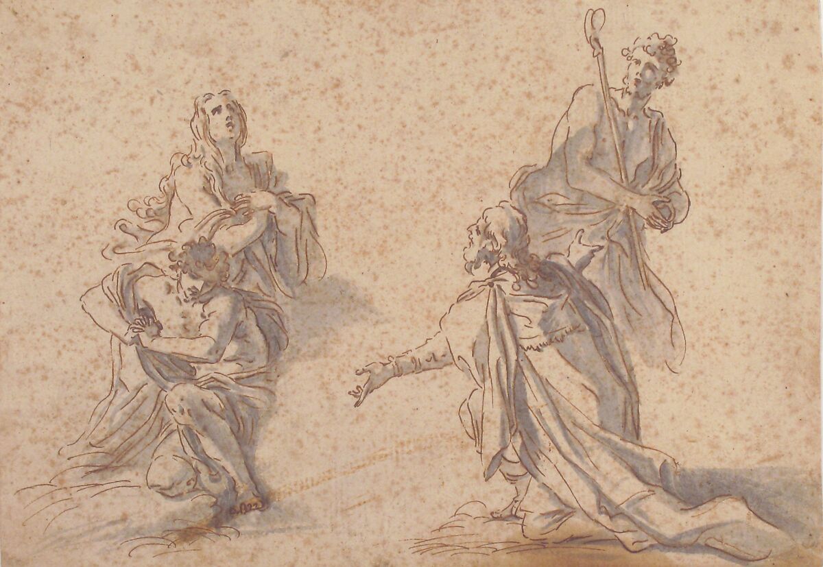 Two Kneeling and Two Standing Figures, Nicola Maria Rossi (Italian, Naples (?) 1690–1758 Naples), Pen, brown ink, gray wash, over black chalk. Scribbled figure studies in pen and black chalk on verso, including a young man and a bishop in a mitre