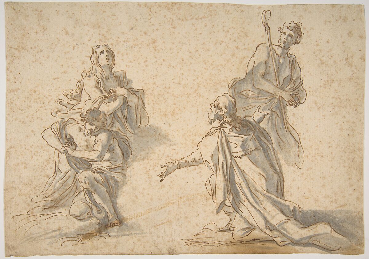 Two Kneeling and Two Standing Figures, Nicola Maria Rossi (Italian, Naples (?) 1690–1758 Naples), Pen, brown ink, gray wash, over black chalk. Scribbled figure studies in pen and black chalk on verso, including a young man and a bishop in a mitre 