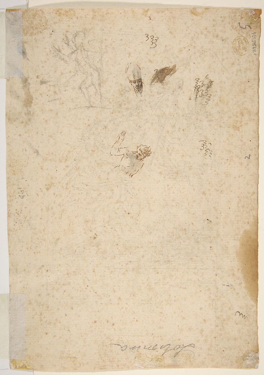Two Kneeling and Two Standing Figures, Nicola Maria Rossi (Italian, Naples (?) 1690–1758 Naples), Pen, brown ink, gray wash, over black chalk. Scribbled figure studies in pen and black chalk on verso, including a young man and a bishop in a mitre