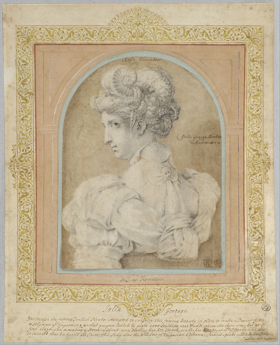 Bust of a Woman with an Elaborate Coiffure, Rosso Fiorentino (Italian, Florence 1494–1540 Fontainebleau), Black chalk (Rosso Fiorentino). Probably another hand reinforced minute passages with pen and brown ink, adding also a tiny area of crosshatching within the hair arrangements. An early owner of the drawing (or an artist working for him) colored the background around the figure in brush and brown wash.