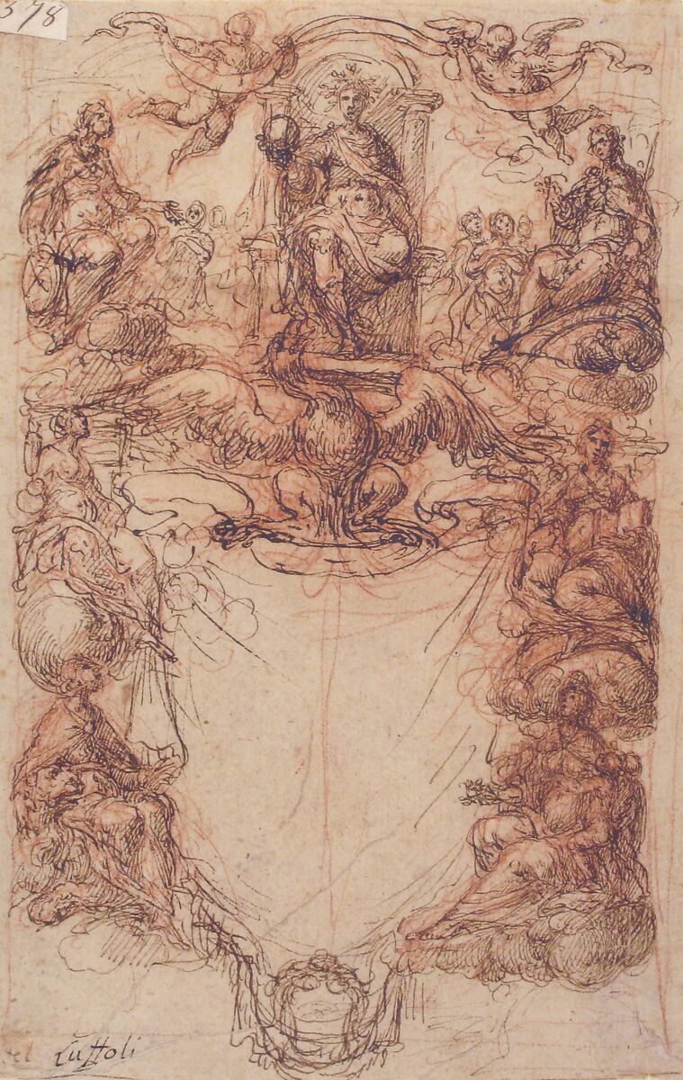 Design for a Title Page, Giovanni Maria Luffoli (Laffoli) (Italian, Pesaro (?) documented 1665–1707 Pesaro (?)), Pen and brown ink, over red chalk