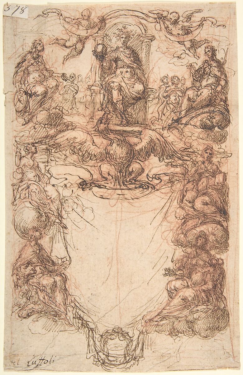 Design for a Title Page, Giovanni Maria Luffoli (Laffoli) (Italian, Pesaro (?) documented 1665–1707 Pesaro (?)), Pen and brown ink, over red chalk 