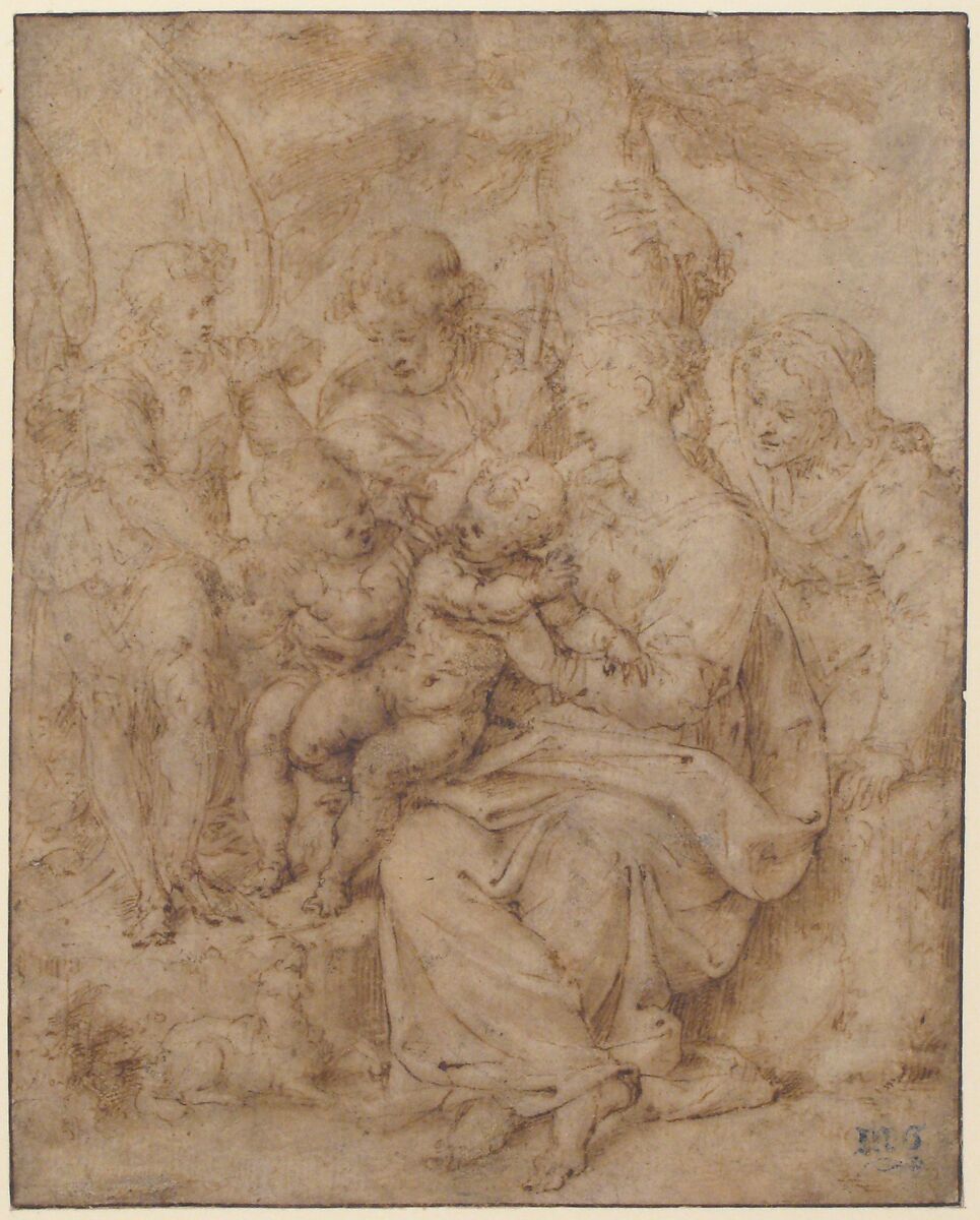 The Holy Family with the Infant Baptist, Saint Elizabeth, and an Attendant Angel, Aurelio Luini (Italian, Luino or Milan ca. 1530–1593 Milan), Pen and brown ink, brush and pale brown wash, on beige paper