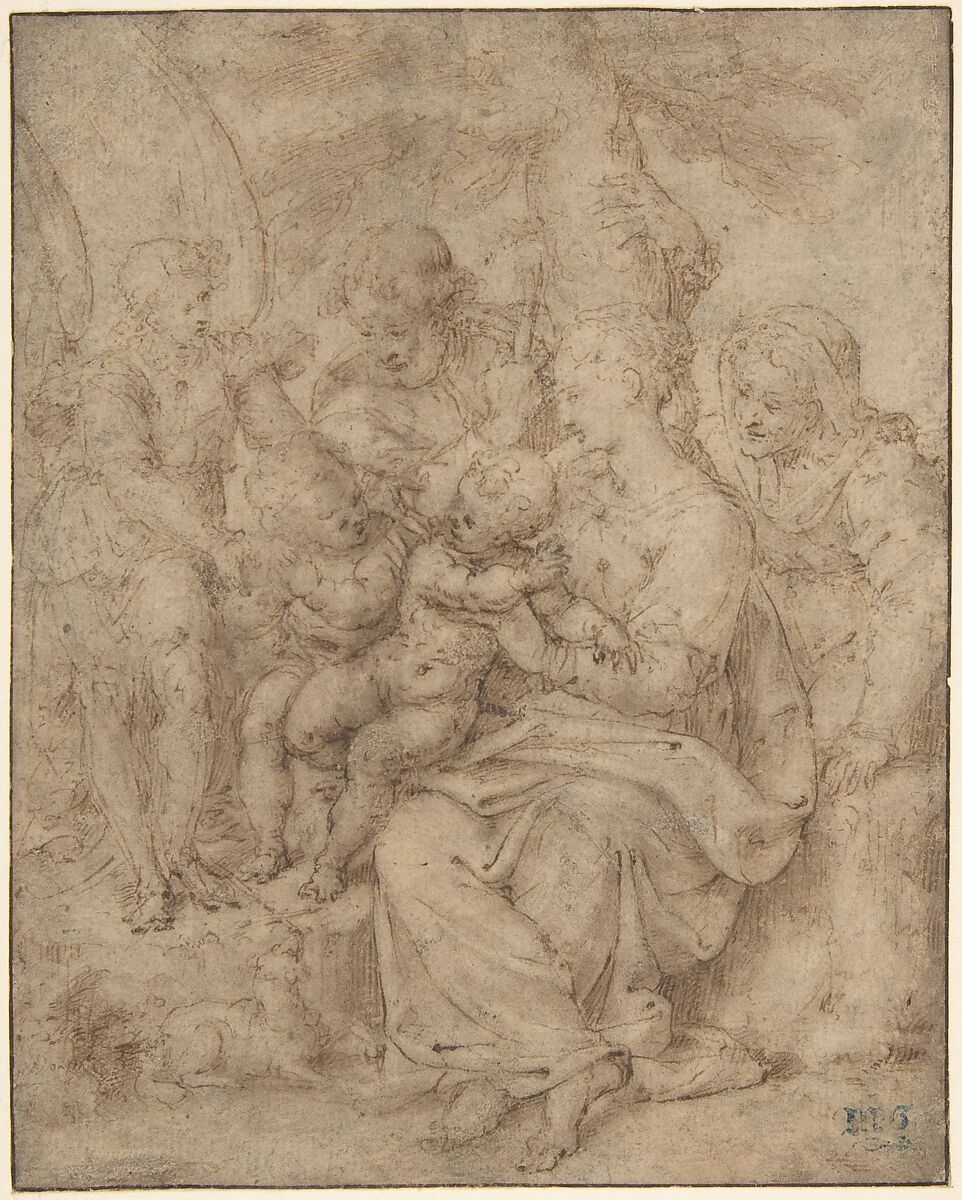 The Holy Family with the Infant Baptist, Saint Elizabeth, and an Attendant Angel, Aurelio Luini (Italian, Luino or Milan ca. 1530–1593 Milan), Pen and brown ink, brush and pale brown wash, on beige paper 