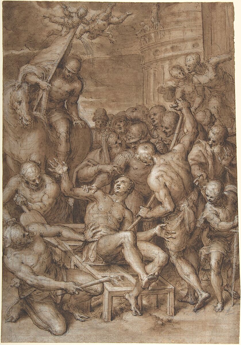 The Martyrdom of Saint Lawrence, Aurelio Luini  Italian, Pen and brown ink, brush and brown wash, highlighted with white gouache, over black chalk, on light tan paper; squared in red chalk