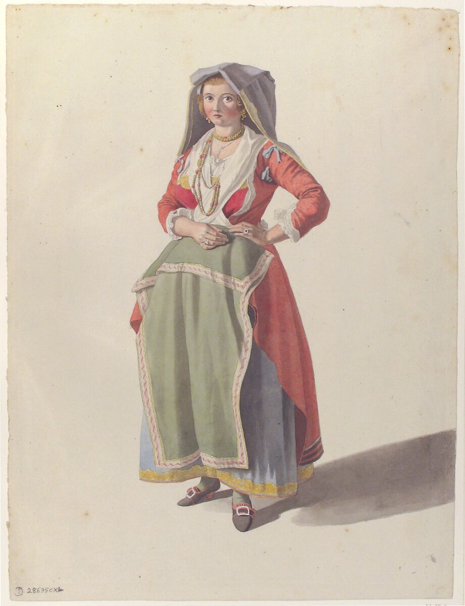 Young Woman Standing in Traditional Neapolitan Dress, Giovanni Battista ("Titta") Lusieri (Italian, Rome 1754–1821 Athens), Watercolor, over graphite.
