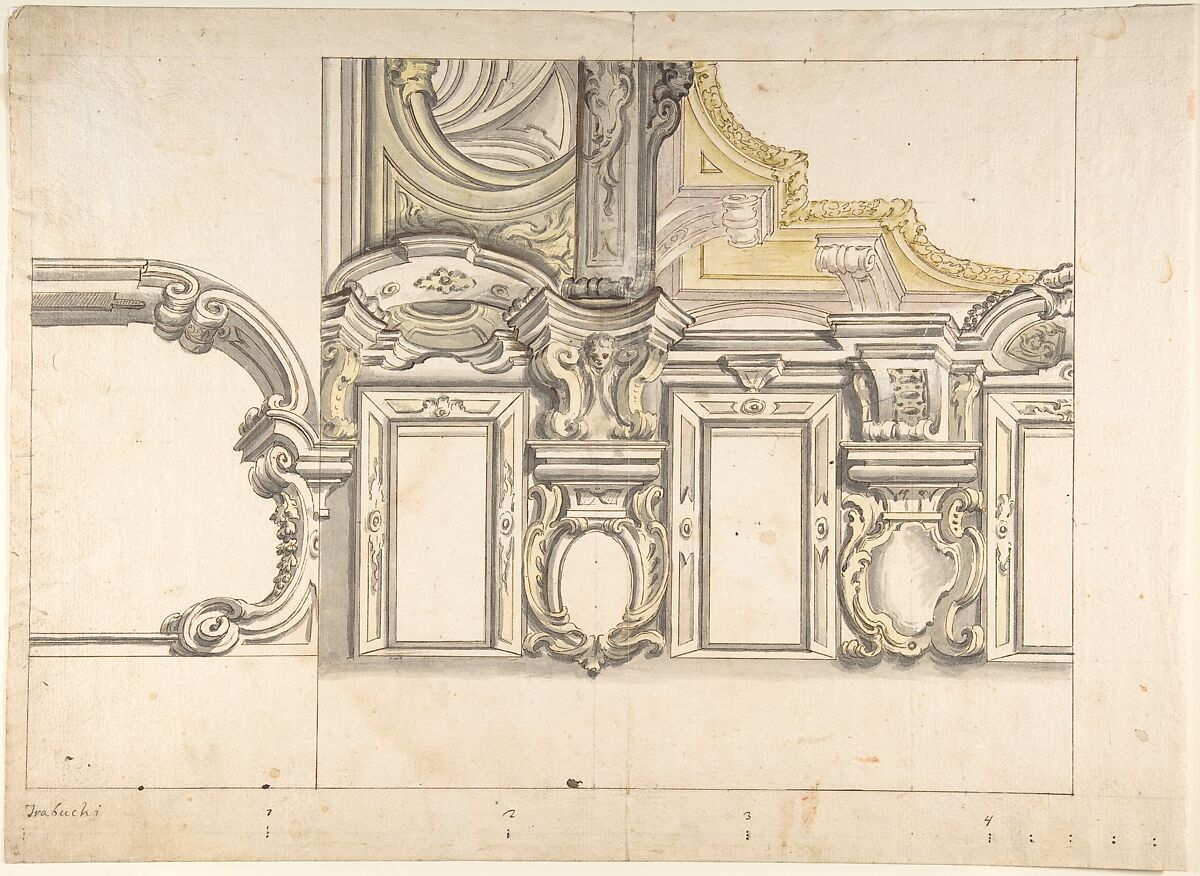 Design for an Attic Window and an Interior, with the Frame of the Ceiling Shown, Anonymous, Italian, Piedmontese, 18th century, Pen and brown ink, brush with gray, brown and yellow wash, over leadpoint or graphite; scales at bottom in pen and brown ink 