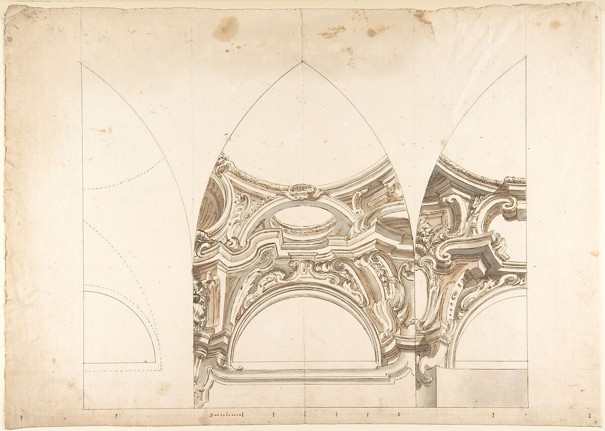 Three Designs for the Ornamentation of Vaults, Anonymous, Italian, Piedmontese, 18th century, Pen and brown ink, brush with gray and brown wash, over leadpoint or graphite, with ruled and compass construction; scales at bottom in pen and brown ink 
