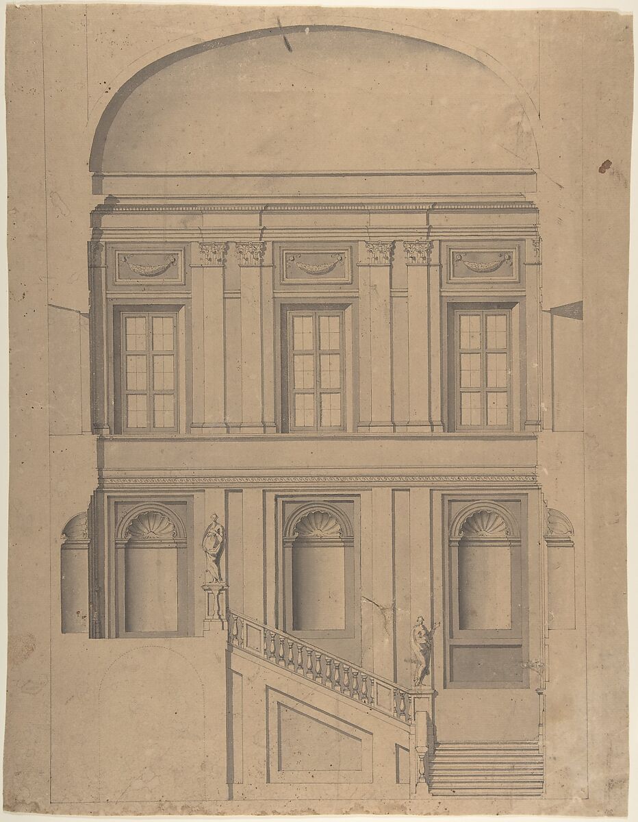 Design for the Elevation of a Palace Interior, Anonymous, Italian, Piedmontese, 18th century, Pen and gray ink, brush and gray wash on dark tan paper; ruled and compass construction in pen and gray ink 