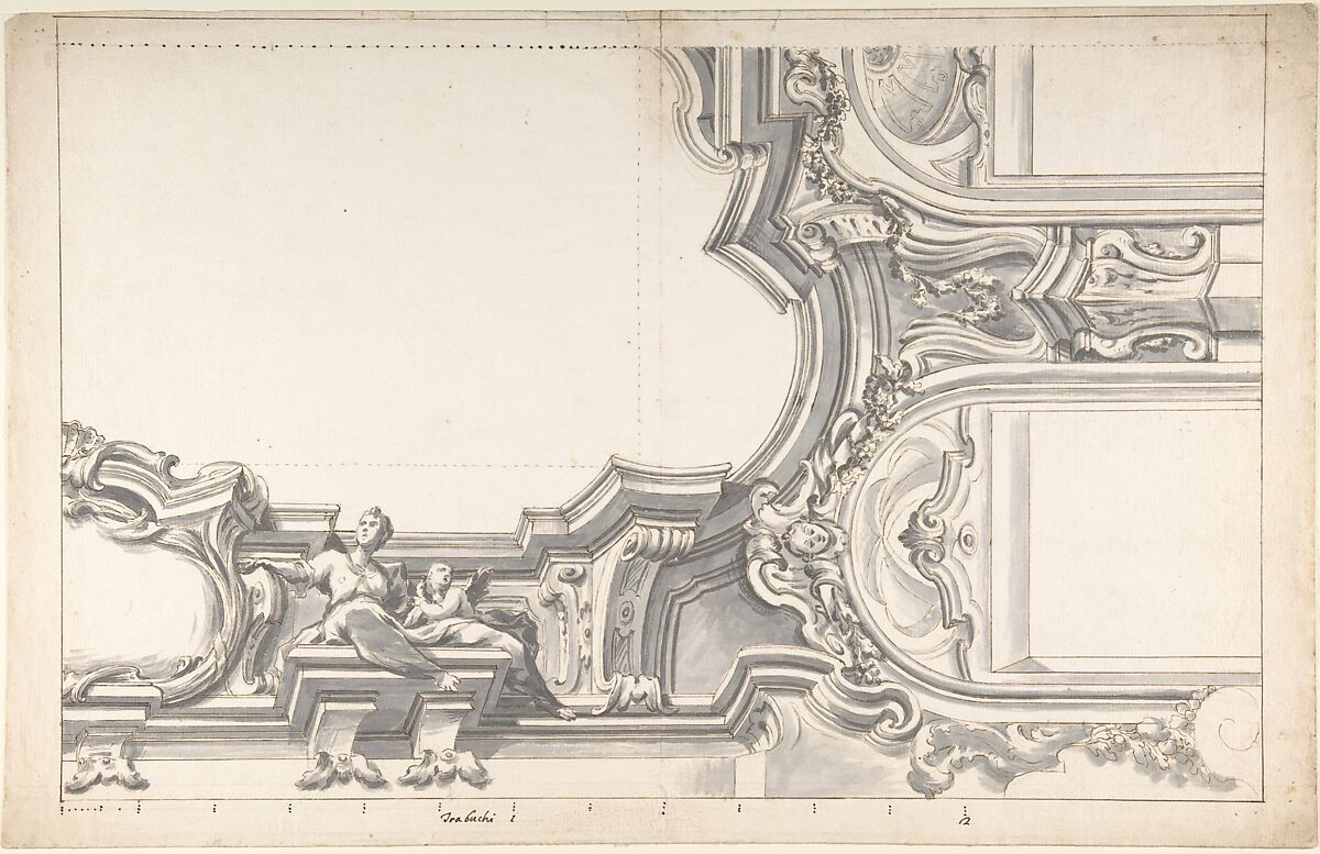 Design for an Elaborate Cornice with a Cartouche and Figures Supporting a Ceiling, with Two Arched Openings, Anonymous, Italian, Piedmontese, 18th century, Pen and brown ink, brush and gray wash over traces of leadpoint or graphite; scales at bottom in pen and brown ink; construction lines in stylus-incised (rule and compass) 