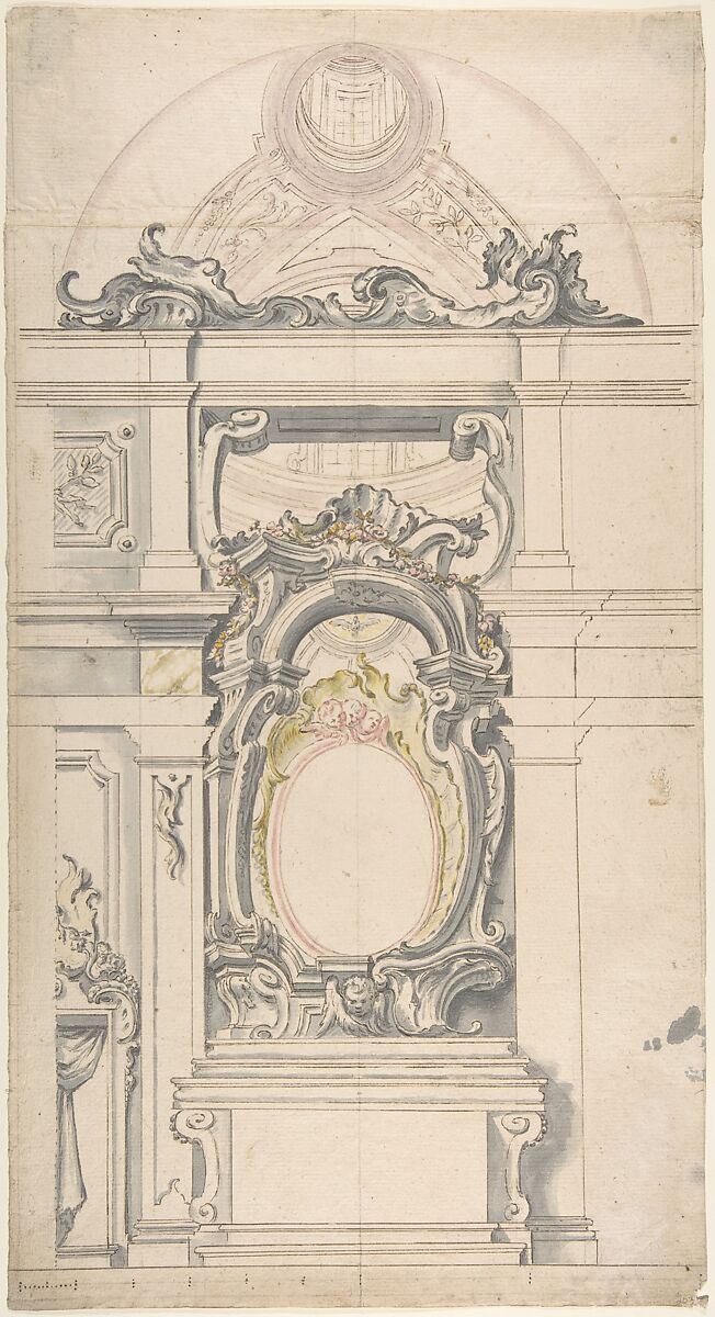 Design for an Altar With a Vaulted Chapel Behind, Anonymous, Italian, Piedmontese, 18th century, Pen and brown ink, brush with gray (visible on verso), yellow and pink wash, over graphite or leadpoint, with ruled or compass construction; scale at bottom of design in pen and dark brown ink 
