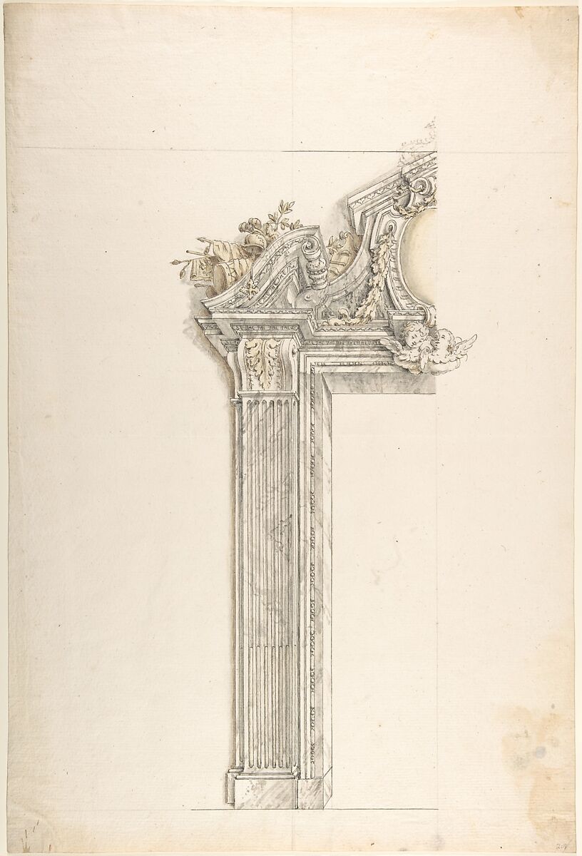 One Half Design for a Doorway, Anonymous, Italian, Piedmontese, 18th century, Pen and gray ink, brush with gray, brown and yellow wash, over ruled and compass construction in graphite or leadpoint 
