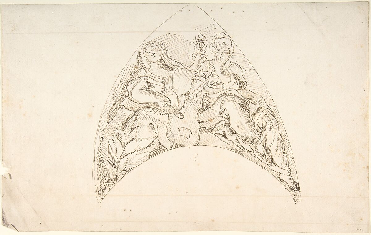 Design for a Pedentive Decoration: two women with musical instruments, Anonymous, Italian, Piedmontese, 18th century, Pen and brown ink over leadpoint 