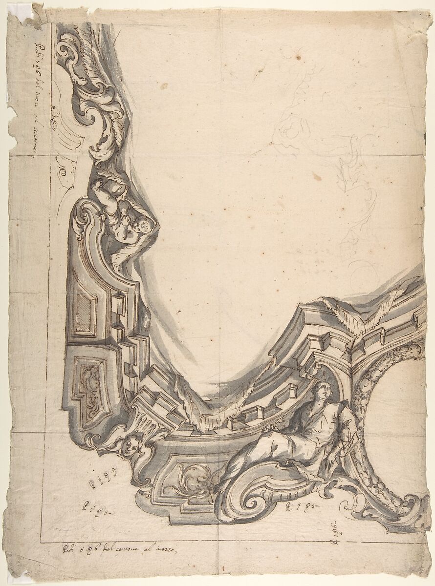 Design for a corner of a Painted Ceiling, Architectural "Cove" with a Seated Figure at the Bottom, and a Putto at the Side, Anonymous, Italian, Piedmontese, 18th century, Pen and brown ink, brush and gray and brown wash, over graphite or leadpoint; framing lines in pen and brown ink at left and lower borders; detail sketches in graphite or leadpoint (verso) 
