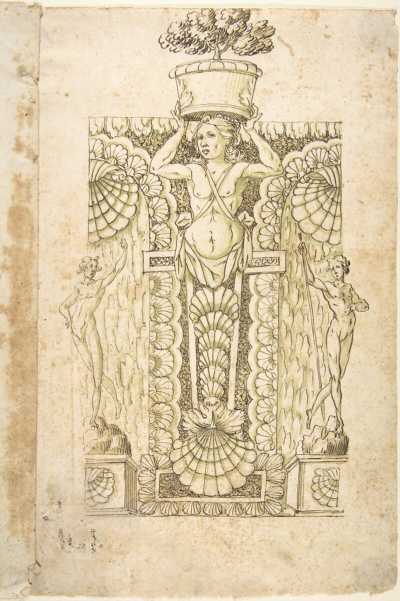 Design for a Wall Fountain, Anonymous, Italian, Lombard, 16th century, Pen and brown ink, brush and green wash, over leadpoint underdrawing 
