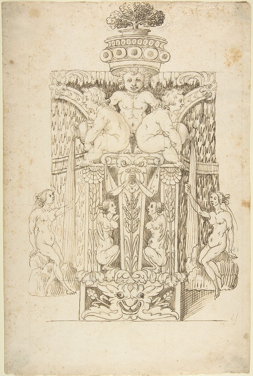 Design for a Wall Fountain, Anonymous, Italian, Lombard, 16th century, Pen and brown ink, brush and light brown wash, over leadpoint, with ruled construction 
