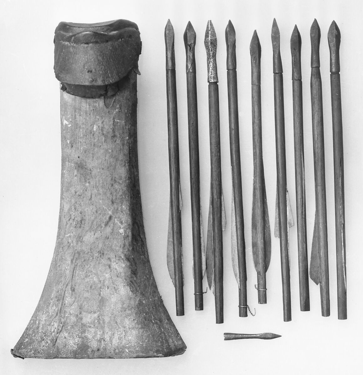 Quiver with Eleven Crossbow Bolts, Wood (oak, probably birch), tanned hide (possibly badger), paper, leather, steel, iron alloy, Western or Central European; quiver, possibly German