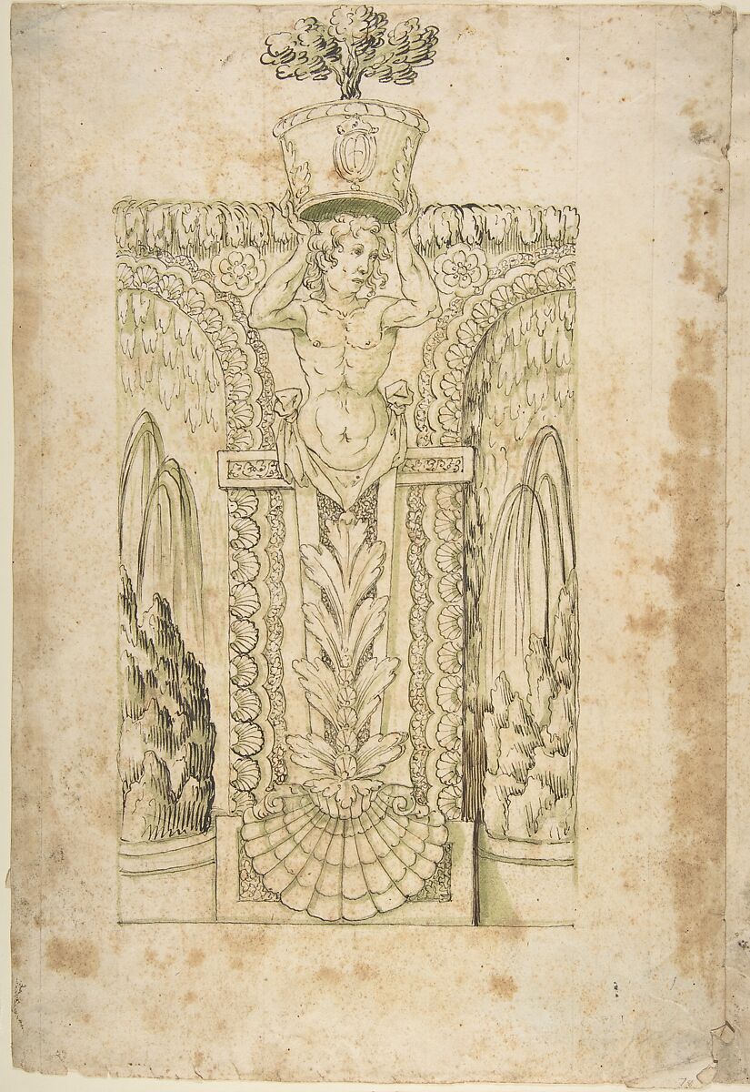 Design for a Wall Fountain, Anonymous, Italian, Lombard, 16th century, Pen and brown-gray ink, brush and green wash, over leadpoint or graphite with compass construction 