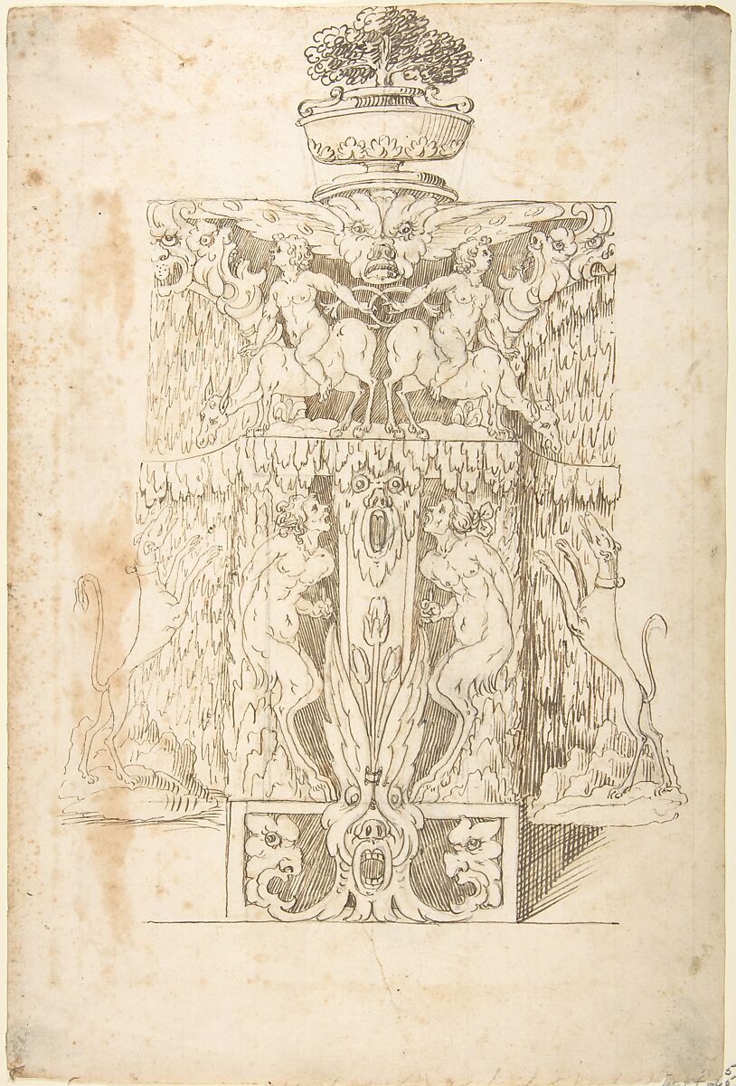 Design for a Wall Fountain, Anonymous, Italian, Lombard, 16th century, Pen and brown ink, over leadpoint or graphite; framing lines in leadpoint or graphite 